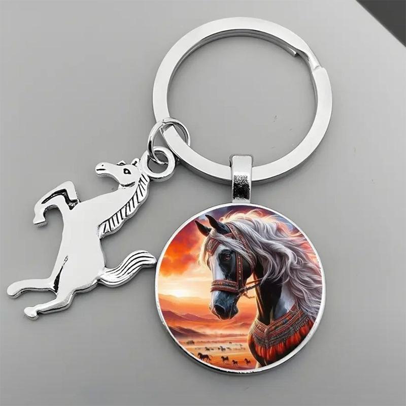 Animal Running Horse Keychain Exquisite Steed Pattern Glass Cabochon Keychain Men'S Charm Keyring Gift