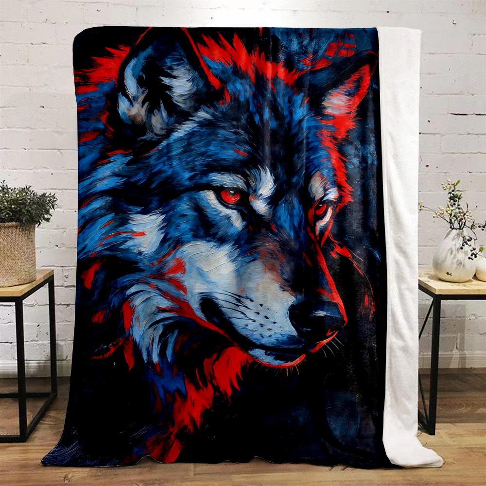 Vivid Blue and Red Wolf Illustration Blanket Flannel blanket for bedroom, living room, sofa, and nap sofas.