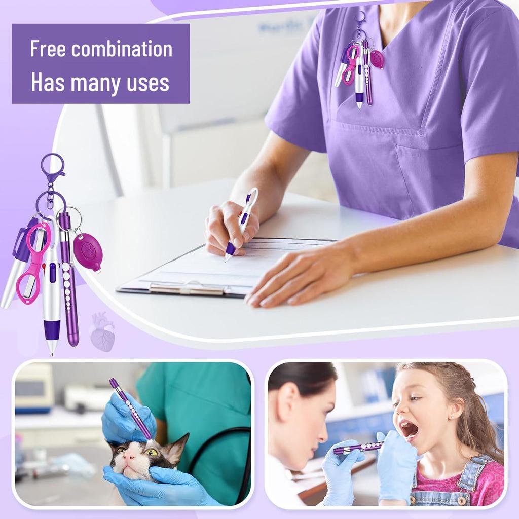 Colorful Ballpoint Pen Set: 4-Color Click Pens, Carabiner, Nurse Pen, Scissors, Penlight, Highlighter, Pocket-Sized.