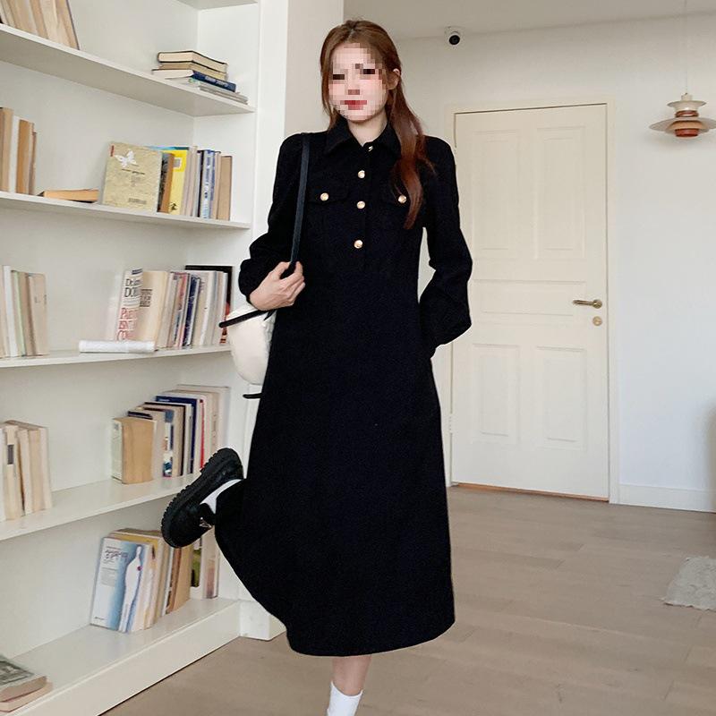 Thickened 300g Corduroy Hepburn-Style Long-Sleeve Dress | Large Autumn/Winter Coffee Break