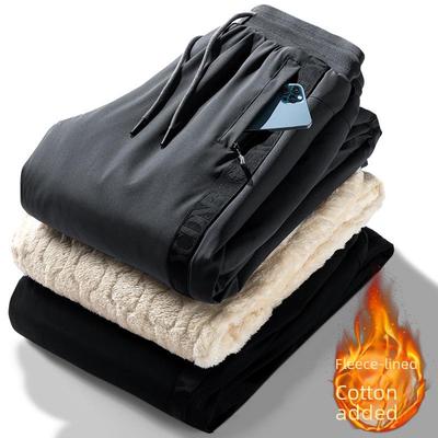 Men’s Warm Windproof Cotton Sweatpants: Large Size, Fleece-Lined Lambskin for Autumn & Winter