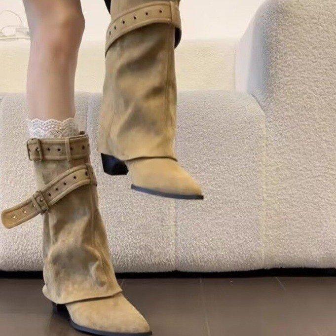 Retro thick heel medium boots women's 2025 new autumn versatile pointed western cowboy boots belt buckle trouser boots