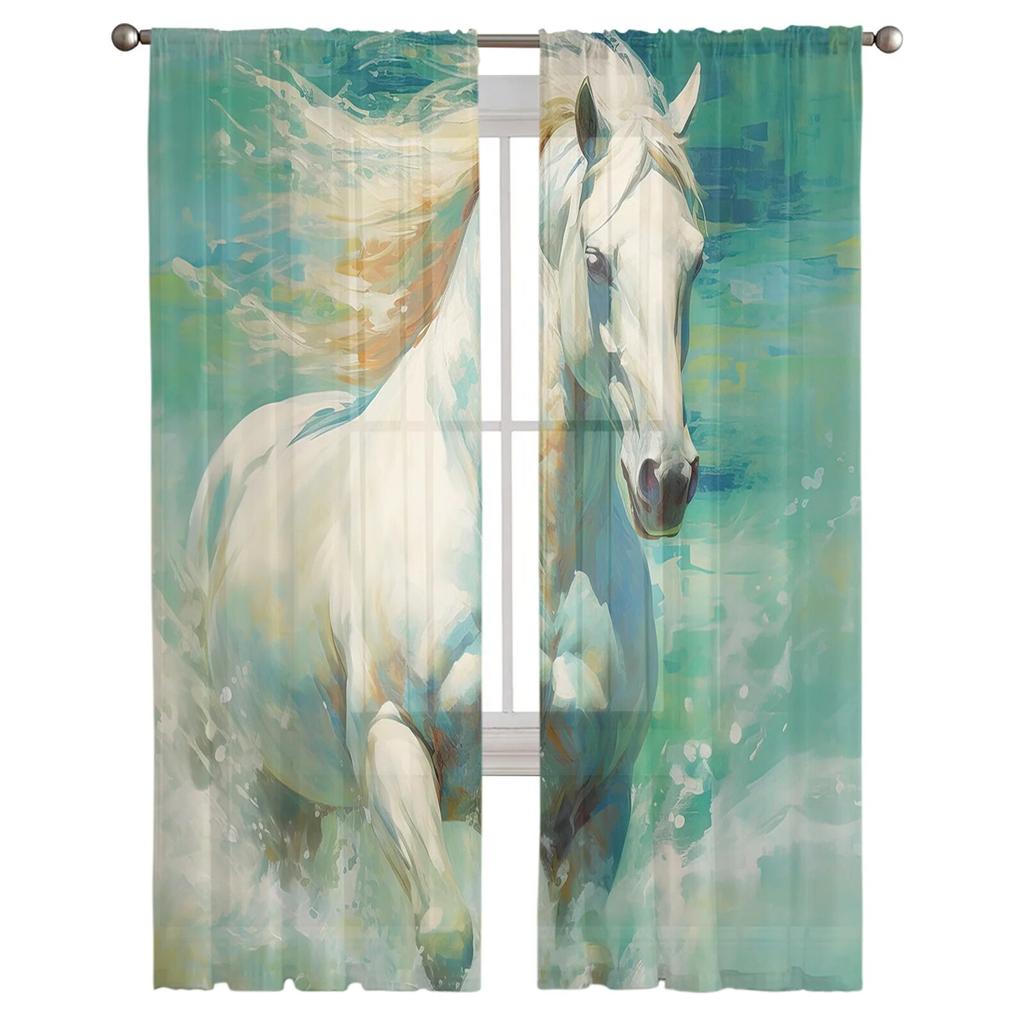 Kůň Akvarel Průsvitné závěsy do obývacího pokoje ložnice Tylová záclona do kuchyně Voálová záclona Panely žaluzií