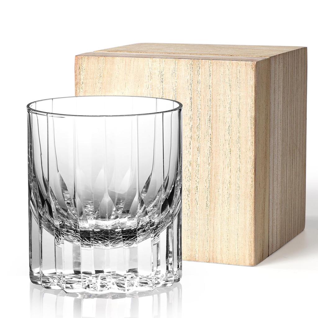 Crystal Rock Glass, Whiskey Glass, Hand-Engraved, 260ml, Thick Base Design, Wooden Box, Gift Set