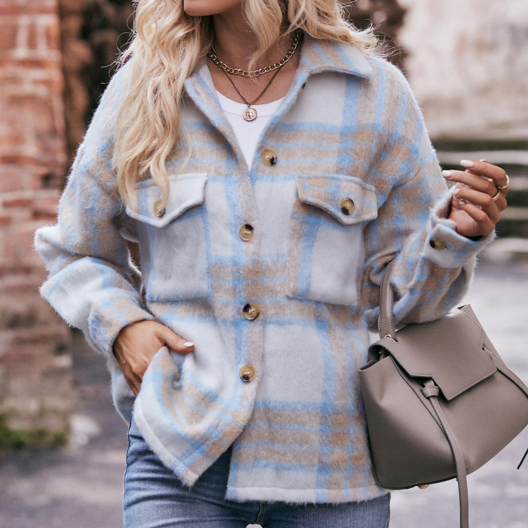 

VEZFAA женские модные повседневные клетчатые принты осенне-зимние куртки-поло с длинными рукавами и пальто