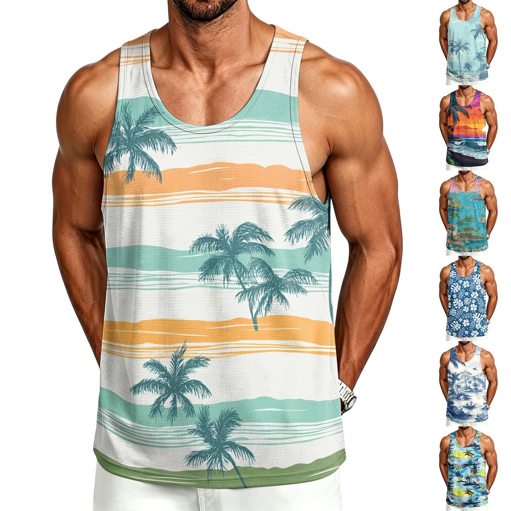 Men's Casual Hawaiian Print Outdoor Sports Tank Top Sleeveless Crew Neck Summer Beachwear Lightweight Breathable Fabric