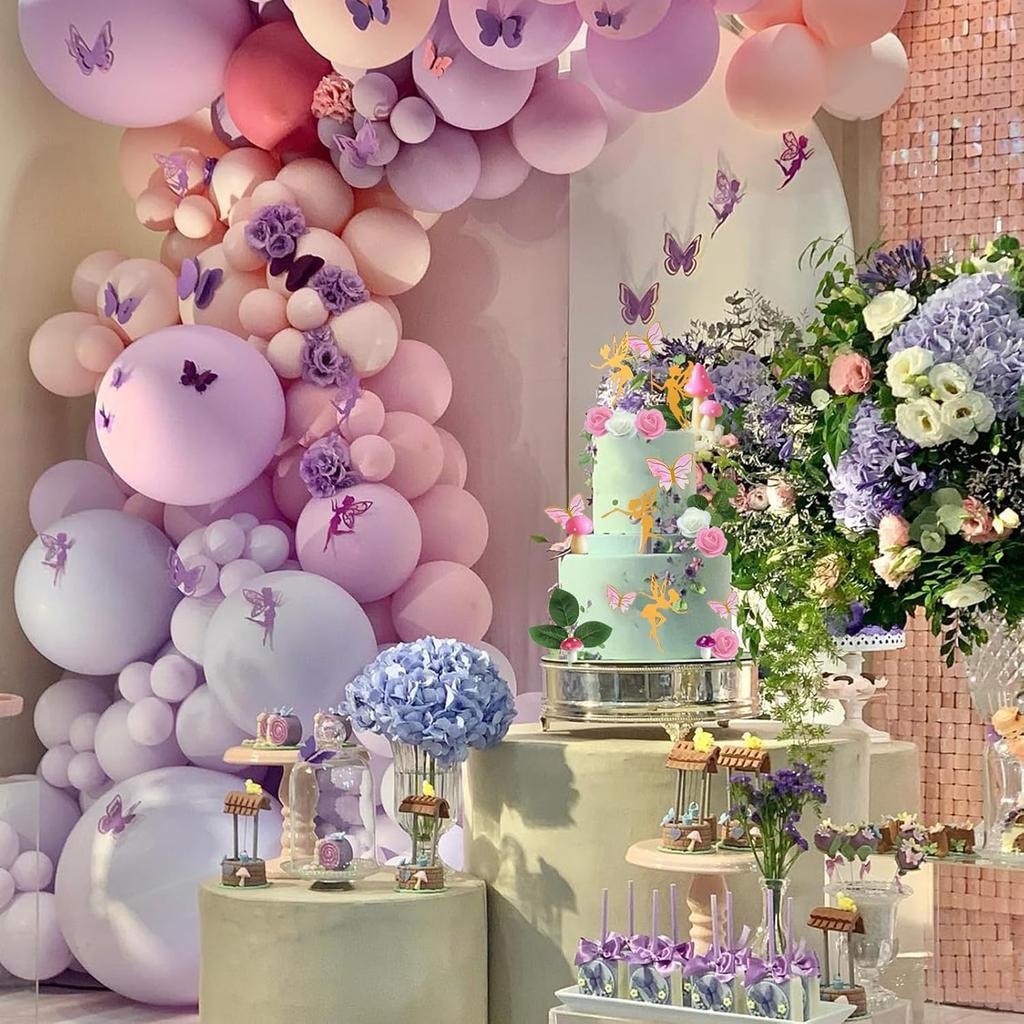 Fairy Cake Toppers Fairy Cake Decoration Pink Mushroom Door Butterfly Flower Cake Decoration Fairy Garden Topper for Fairy Party