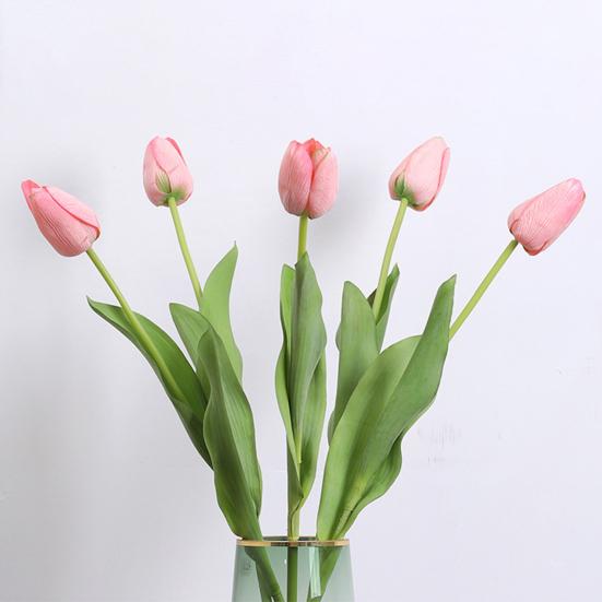 Artificial Tulip with Green Leaves Realistic Fake Flower Stem Wedding Party Table Centerpiece Indoor Outdoor Faux Bloom Decoration