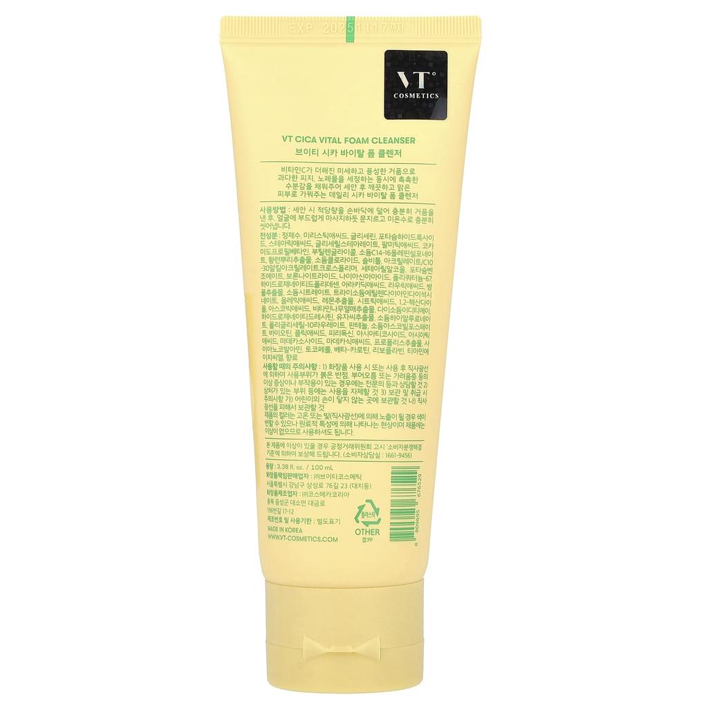 VT COSMETICS Cica Vital Foam Cleanser, 3.38 Fl Oz (100 Ml)