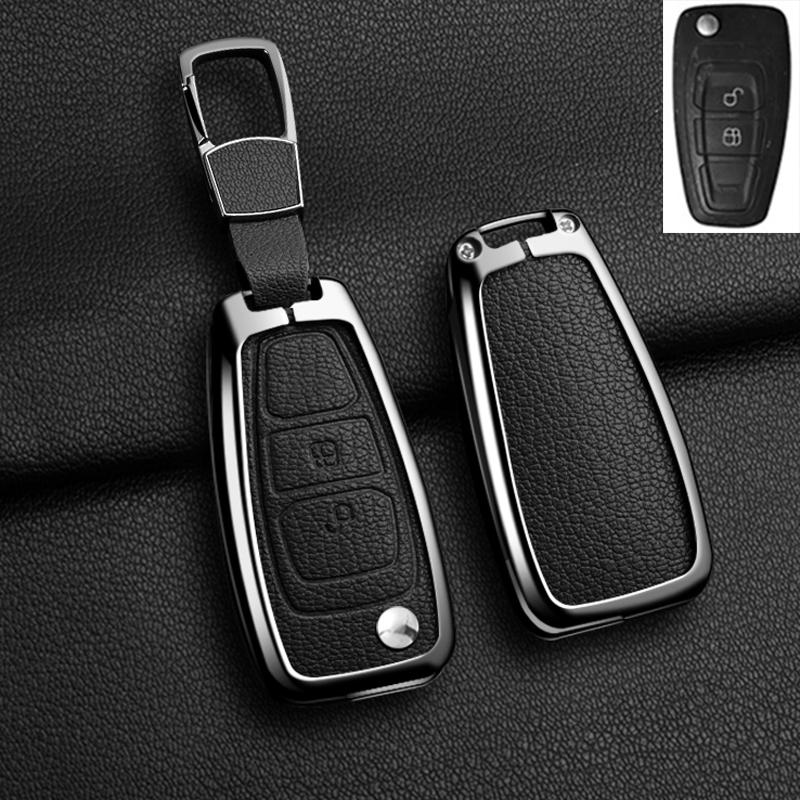 Alloy Genuine Leather Auto Flip Key Fob Cover Case Fit For Ford Fiesta Ranger C-Max S-Max Focus 3 4 Galaxy Mondeo Transit Tourneo Custom Mk4