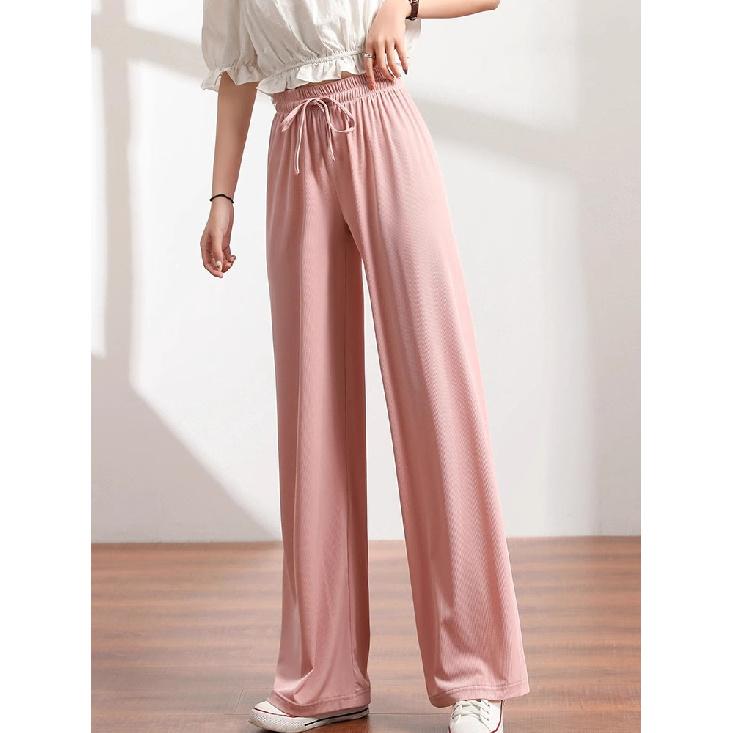 Slacks Women'S Loose Summer Pants Soft Ice Silk Ankle-Length Black Wide Leg Pants Grey Khaki Women High Waisted Trousers