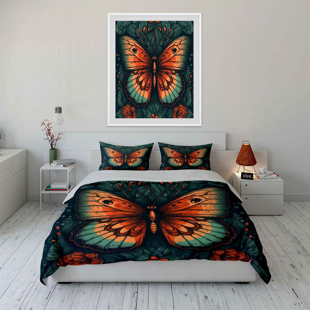 3Pcs Vintage Engraving Butterfly Floral Duvet Cover Set Dark Green Leaf Boho Bedding Single Double King Queen Gift