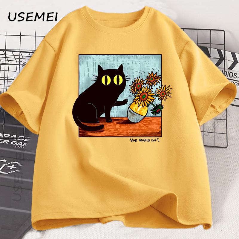Van Gogh Cat Graphic T Shirts Men Women Flower Black Cat T-shirt Round Neck Cotton Short Sleeve Trendy Tee Shirt Streetwear