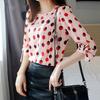 Summer Women's Pink Polka Dot Blouse 3/4 Sleeve with Tie Cuff Round Neck Loose Casual Chiffon Office Shirts