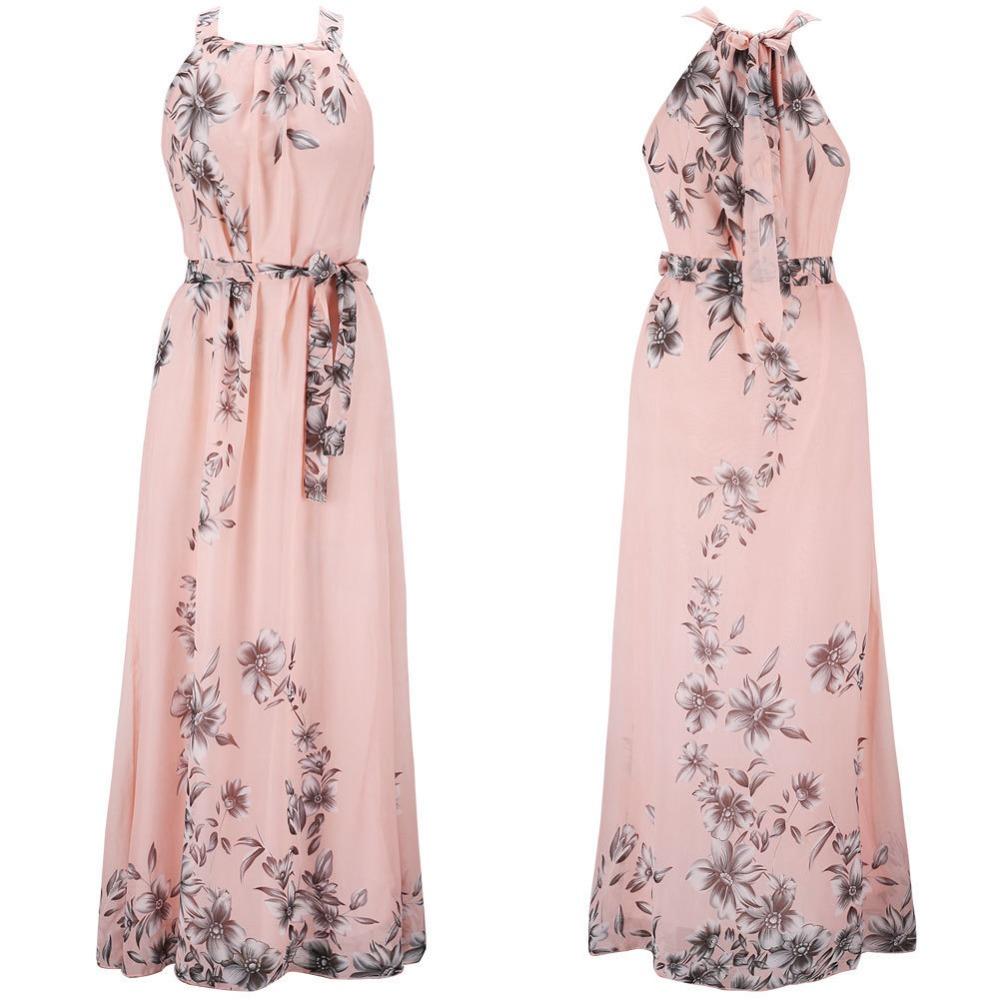 Women's Sleeveless Halter Straight Fit Loose Waist Fresh Floral Print Maxi Chiffon Dress