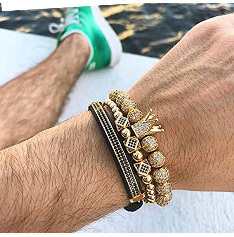 Men's Copper Zirconia Crown Ball Rhombus Double Row Crescent Bracelet Set