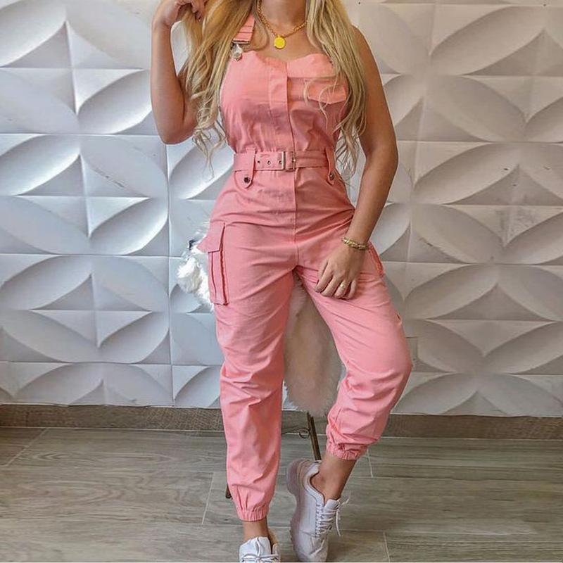 

Women s Sexy Strappy Tube Top Single-breasted Multi-pocket Work Jumpsuit Clothes Sale S розовый