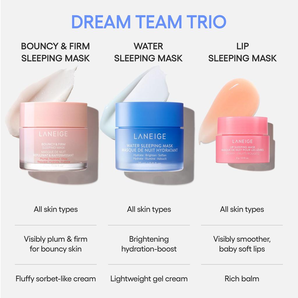 LANEIGE Dream Team Water Sleeping Lip Sleeping Bouncy and Firm Hydration Travel Sized Trio Mask, Mask, Mask, Barrier-Boosting