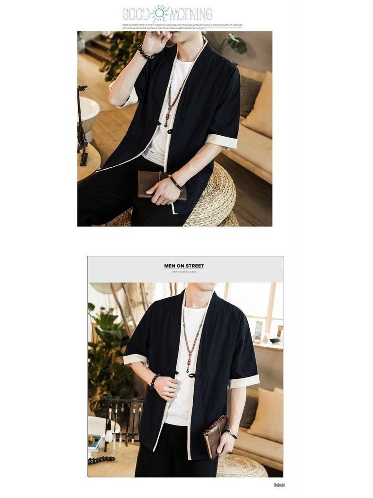 Herren Sommer Leinen Tang Anzug: Retro Chinesisches Kurzarm-T-Shirt mit Froschknöpfen