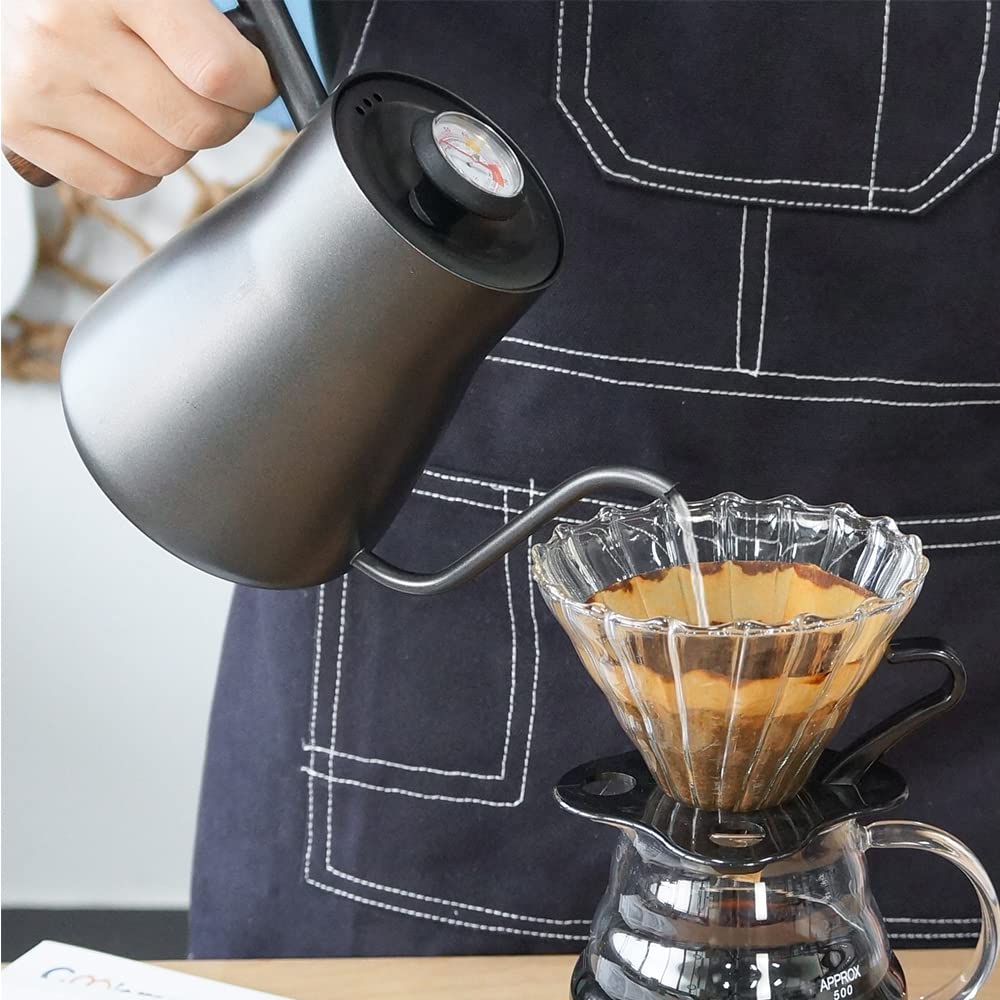 SOTECH Black Stainless Steel Water Bottle with Thermometer - Wooden Handle Drip Coffee Pot - Goose Neck Shape Cold Brew Pot (850ml)