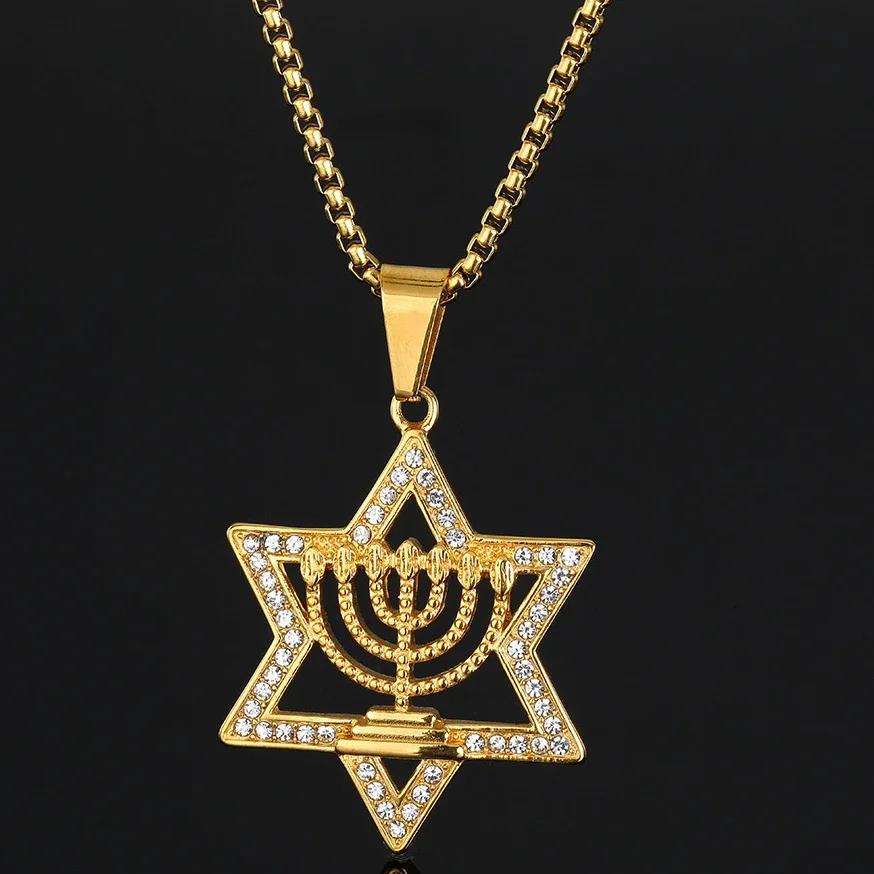 Israel Menorah Judaism Hebrew Necklace Star of David Menorah Gold Color Religious Neclace 60cm