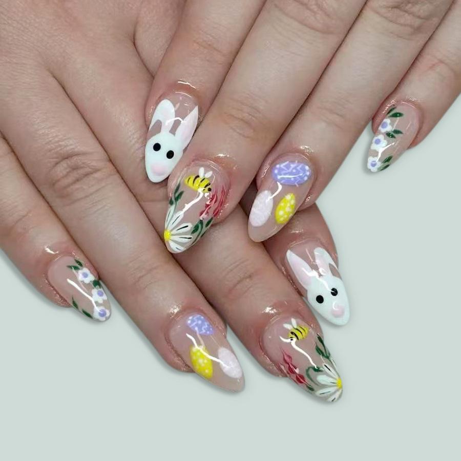 24PCS Almond Fake Nails Cute Cartoon Rabbit Simple French Purple Nail Tips Reusable Acrylic Press on Nails for Women with Charms