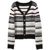 Sancai Women's Striped V-neck Knit Cardigan
