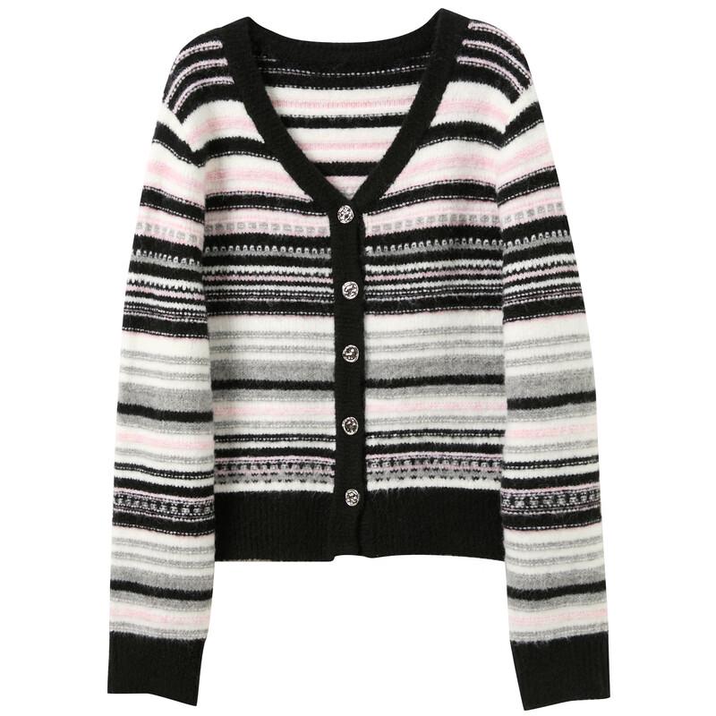 Sancai Women's Striped V-neck Knit Cardigan