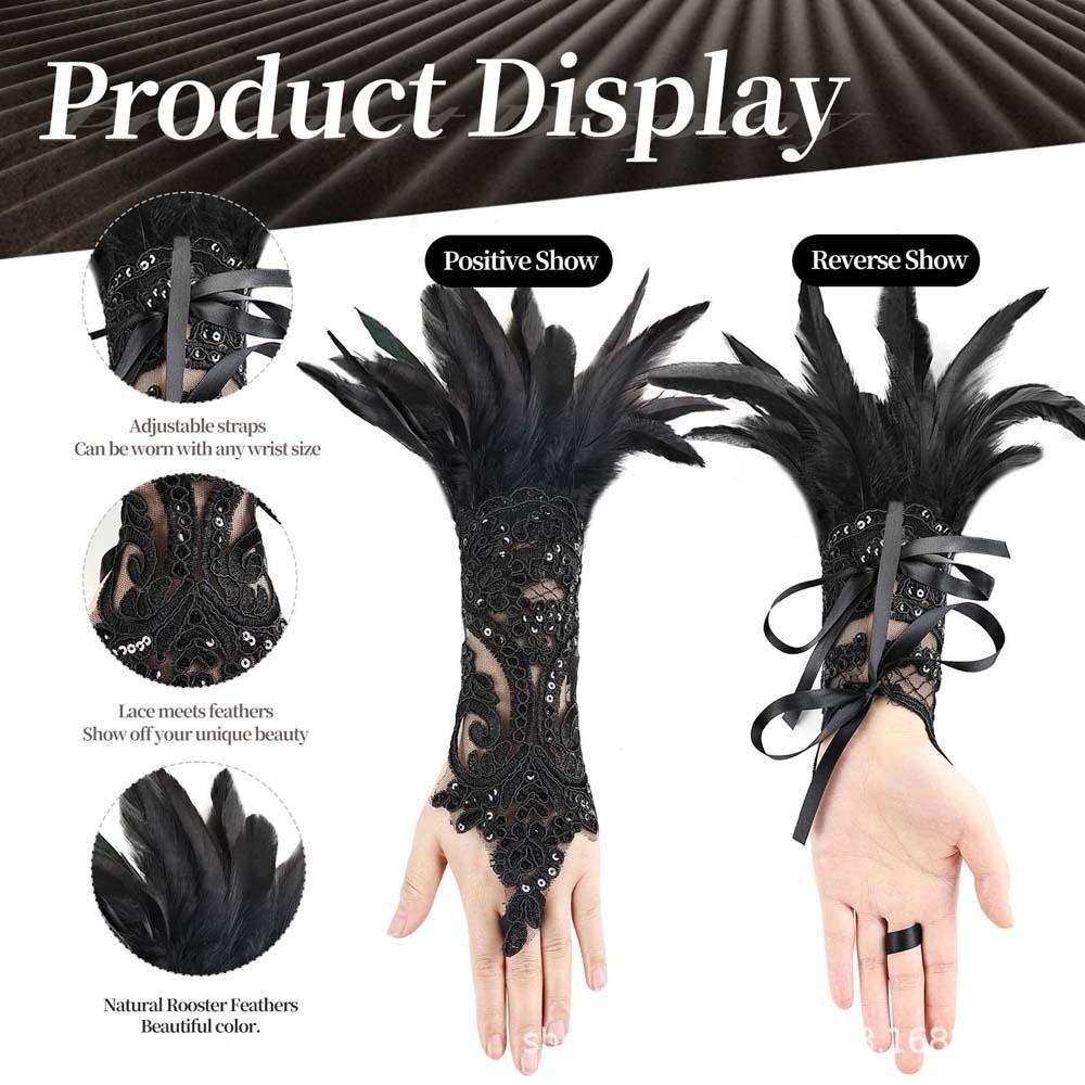 Gothic Sequins Feather Lace Gloves Retro Women Halloween Arm Sleeves Festival