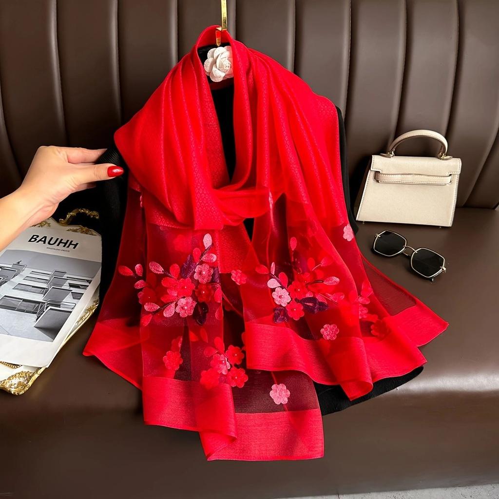 1 PCS Spring and Autumn New Nail Bead Silk Scarf Women's Elegant and Versatile Embroidered Begonia Flower Long Scarf Summer Scar
