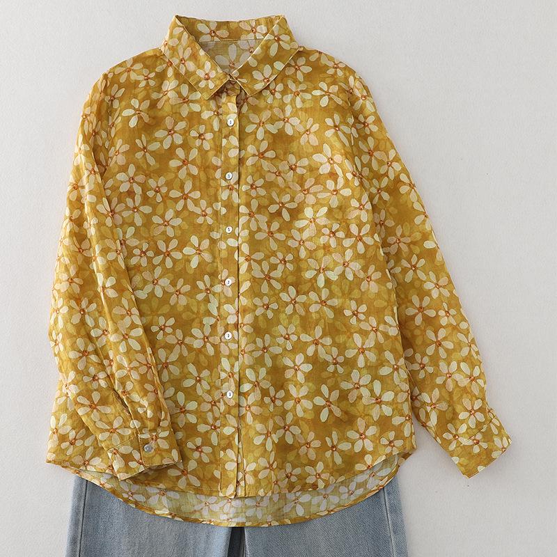 Japanese Women's Cotton Linen Floral Long Sleeve Shirt - Autumn Collection