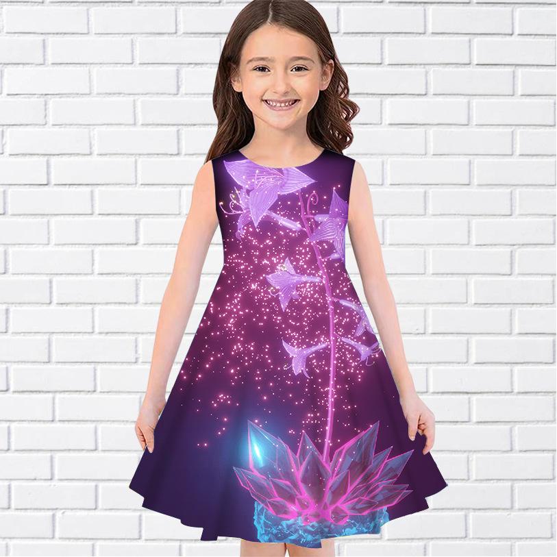 Girls Sleeveless Round Neck Vest Dress Stylish 3D Digital Print Pattern Summer Versatile Mini Children's Dress
