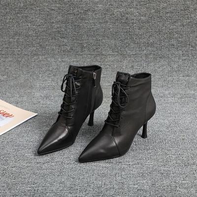 Fashion Black Female Short Shoes with Laces Heeled Sexy Women's Ankle Boots Lace-up Pointed Toe Very High Heels Booties Footwear Pu Hot