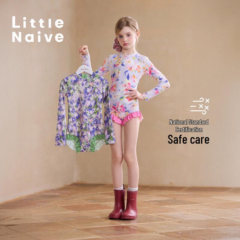 Kleines naives Mädchen Langarm UV-Schutz Einteiler Badeanzug