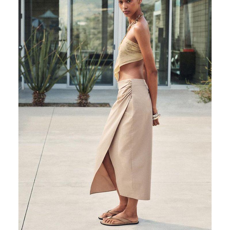 Spring and Summer New Women's Clothing Slit Hemline Side Pleated High Waist Simple Graceful Midi Dress 3897079