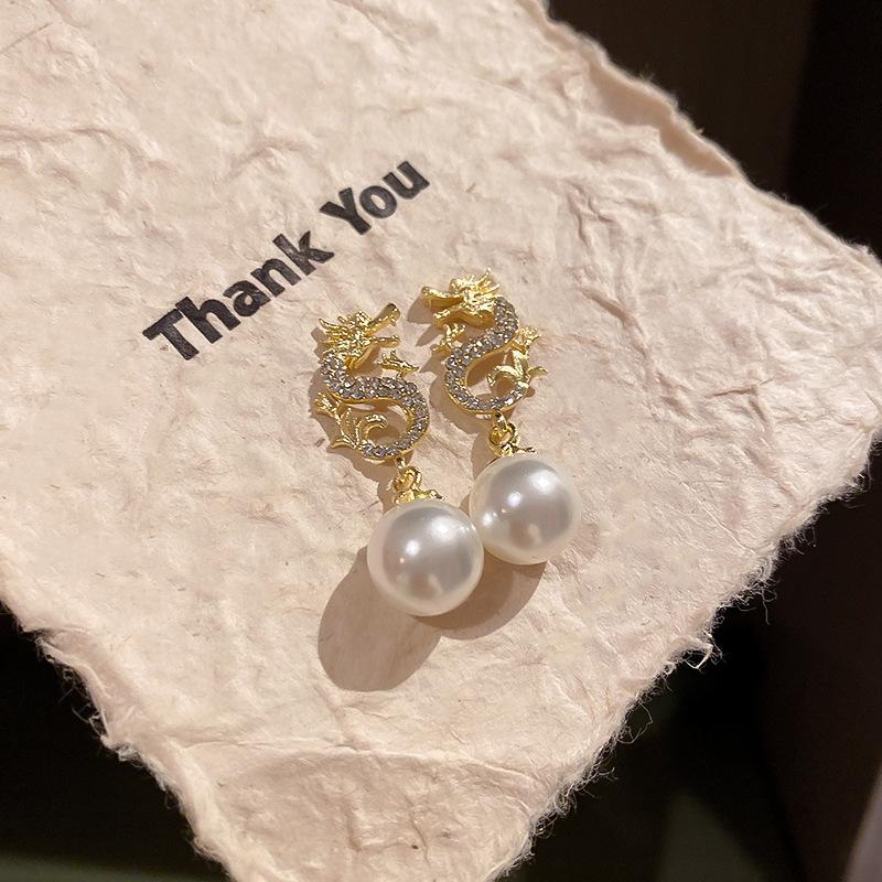 Rhinestone New Chinese Dragon Earrings for Women Temperament Pearl Drop Earring 2024 New Year Festive New Year Dragon Zircon