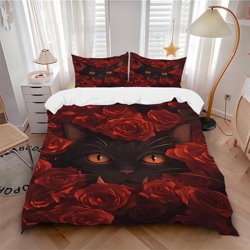 3Pcs Black Cat Roses Bedding Set Soft Fabric Duvet Cover Pillowcases Home Christmas Xmas Halloween Gift 1 Duvet Cover 2 Pillowcase G1106