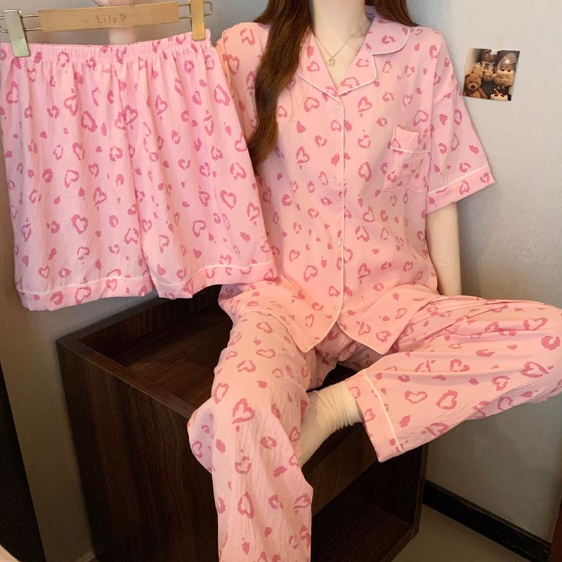 Korean Cloud Cotton Pajamas Women'S Summer Pink Love Leopard Print Short-Sleeved Loungewear Three-Piece Set