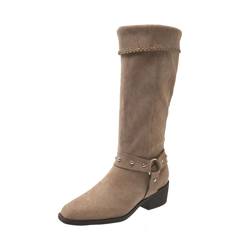 Sheepskin Version! Retro Thick Heel Medium Tube Suede Knight Boots Pointed Western Cowboy Boots Women Wear Belt Buckle Short Boots