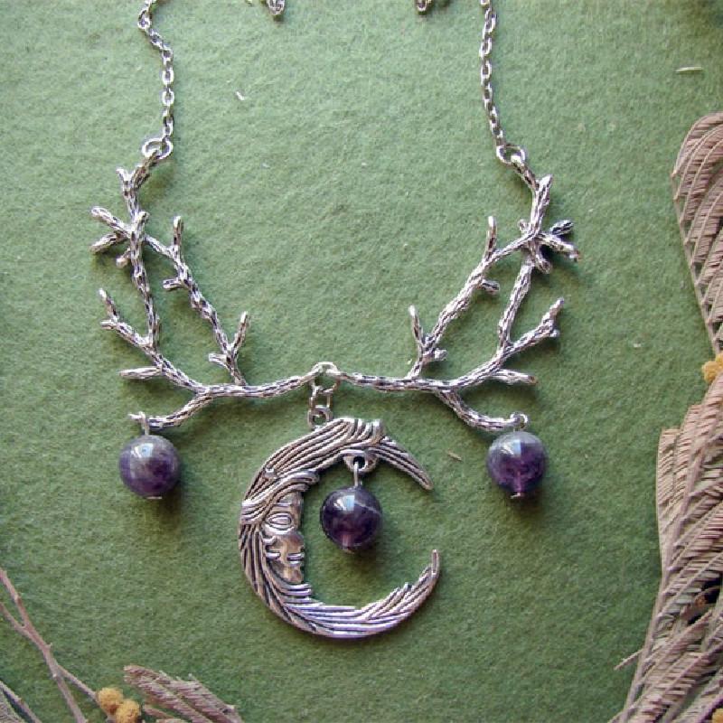 Gothic Purple Crystal Crescent Moon Branches Necklace Witch Pendant Fantasy Forest Twig Women Jewellery Statement Wedding Wicca