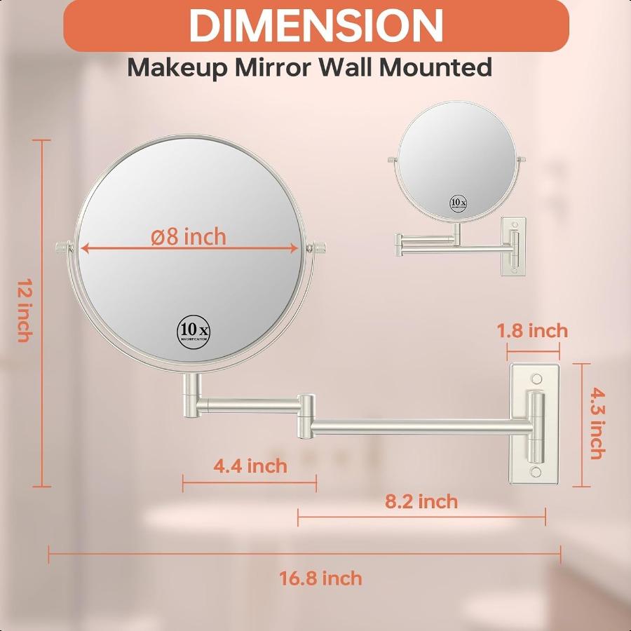 8 Wall Mounted Makeup Mirror 1X 10x Magnifying Mirror Double Sided Vanity Makeup Mirror for Bathroom Nickel Brush Finish