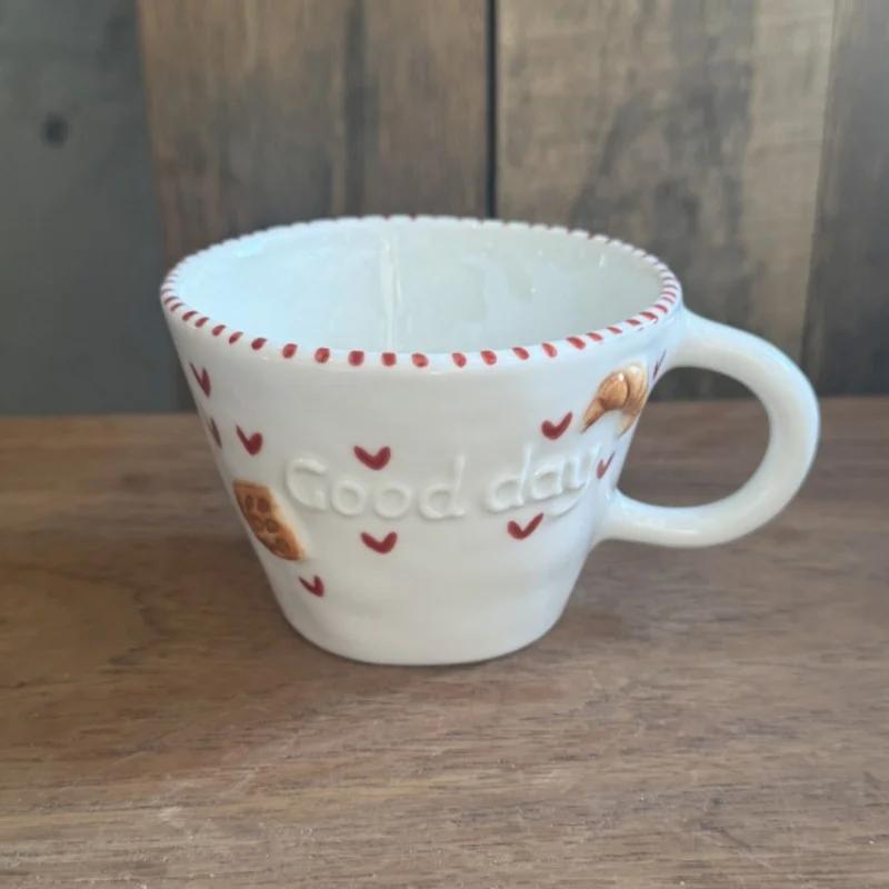 300ml Hand-drawn Ceramic Mugs Relief Coffee Cup Hand Pinched Irregular Bear Milk Tea Cup Letter Waffle Croissant Oatmeal Mug