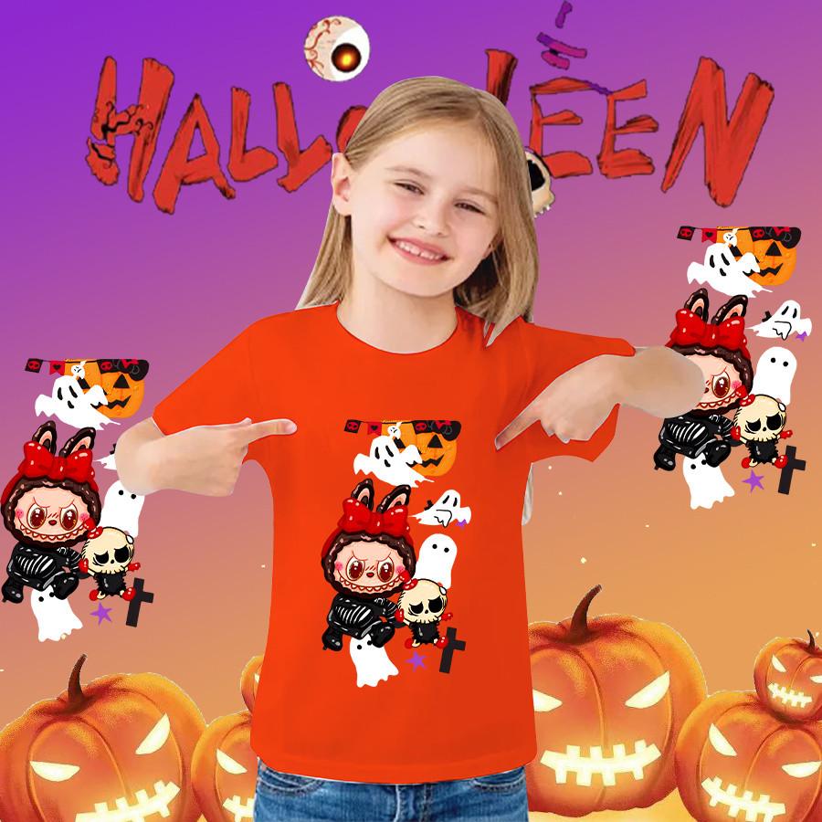 Halloween Children's T-shirt LABUBU&Halloween Party Pattern Printed Girl Short Sleeve Round Neck T-shirt