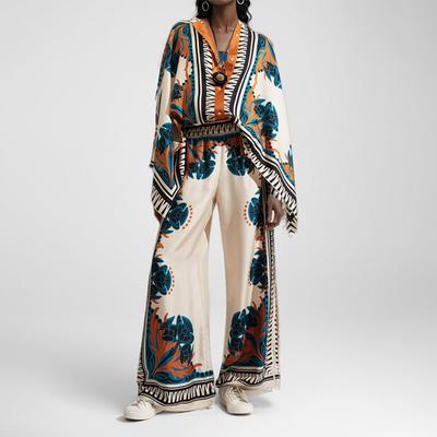 Vintage Print Pants Sets Women Irregular Loose Long Sleeve Shirt Wide Leg Trousers Two Piece Set Female Fashion Trend Streetwear