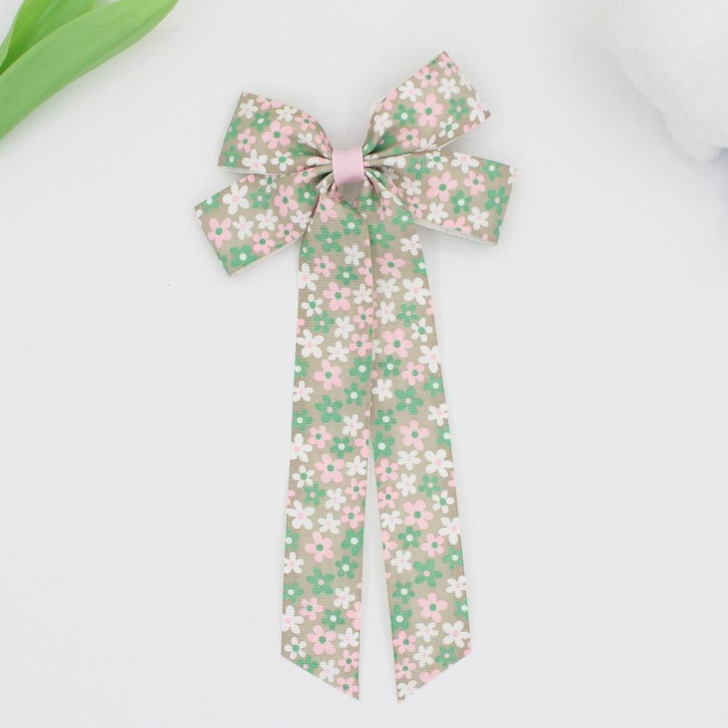 Printed Ribbed Band Long Ribbon Bow Hair Clip - Hot Selling Hair Accessory