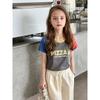 2026 Summer New Children's Letter Print Pure Cotton Short-Sleeve T-Shirt, Girls' Korean Style Cartoon Patchwork Sleeve Top Trendy