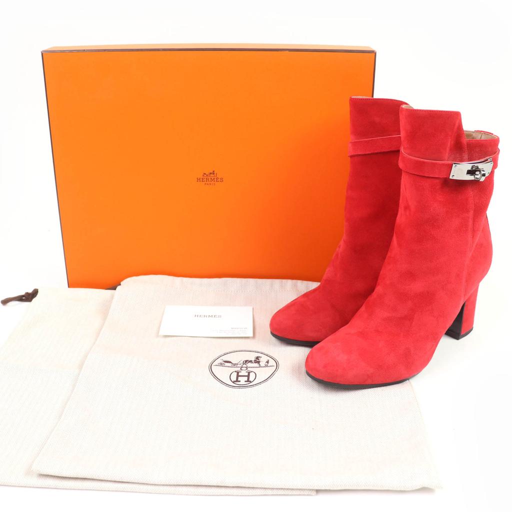 Hermes Short Boots JOUEUSE Kelly Metal Suede Leather Red Suede Leather 37.5 Used