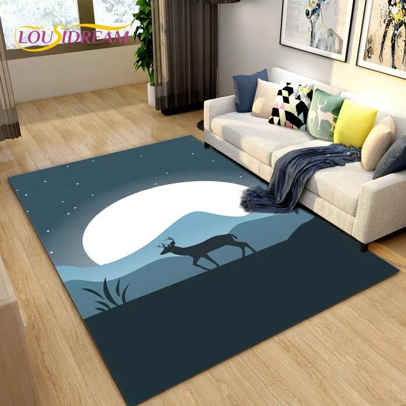3D Cartoon Nordic Elk Reindeer Area Rug,Carpet Rug for Living Room Bedroom Sofa Doormat Decoration,Child Play Non-slip Floor Mat