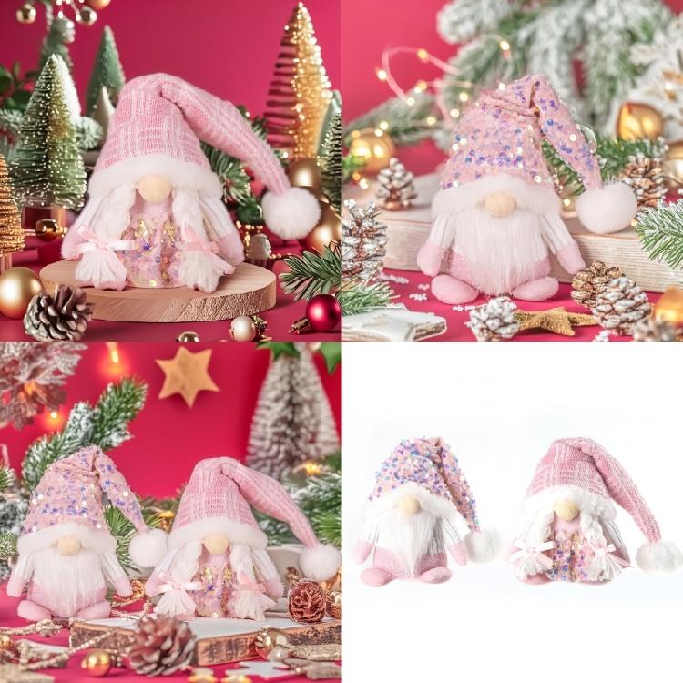 Pink Dwarfs Christmas Decorationtoy With Sequined Hat/Dress,Embroidered Detail, Plushie Feel Mini Plushie Toy