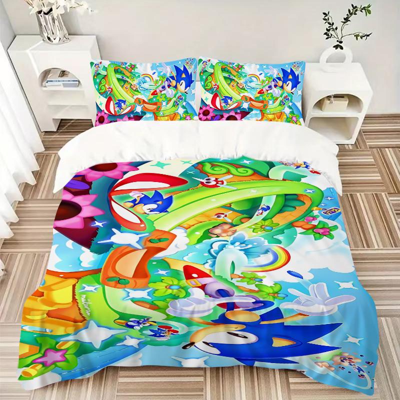 3Pcs Sonic Adventure Fantasy World Bedding Set Soft Fabric Duvet Cover Pillowcases Home Xmas Halloween Gift 1 Duvet Cover 2 Pillowcase S1253